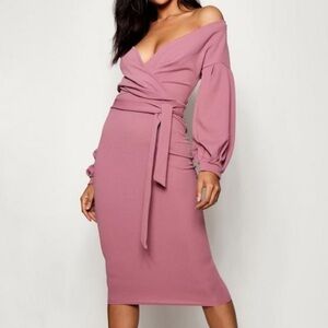 NWT Boohoo Tall Dress Off-Shoulder Wrap Midi Bodycon Dress Mauve Pink Sz US 6